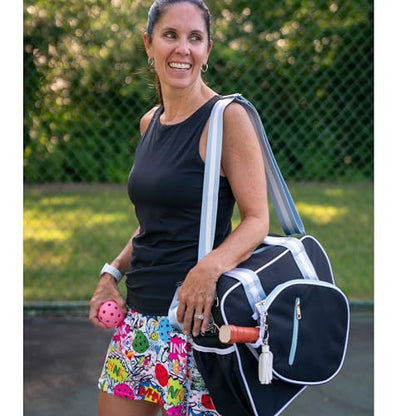 Cute Prepster Pickleball Bag for Women with Fence Hook, Tote with Pockets for Water Bottle, Paddles, Balls, Accessories - color: Black