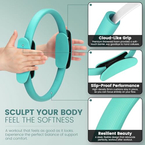 Pilates Kit for Women 13PCS, Pilates Ring and Ball Set with Magic Circle, Resistance Bands Set, Figure 8 Band, Yoga Ring & Grip Socks, Home Workout Equipment Essentials Starter Kit for Beginners - color: Teal
