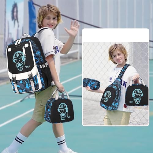 Bevalsa Backpack for Boys, Cool Luminous Boys Backpack with Sling Bag, Lunch Box & Pen Case, School Bags for Kids Children Teens Elementary Middle Schools, Bookbag Glow In The Dark (Blue) - color: Blue