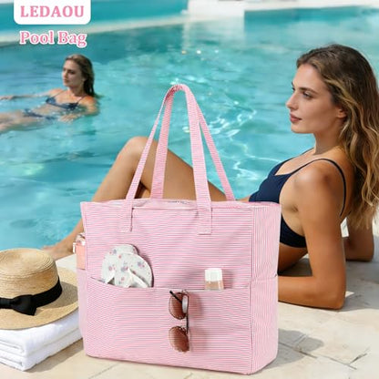 LEDAOU Beach Bag Waterproof Sandproof Women Beach Tote Pool Bag with Zipper for Swim Gym Grocery Travel with Wet Pocket | Sandproof - color: Light Rose Red Stripes