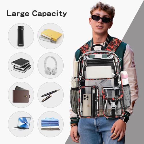 Cusangel Heavy Duty Clear Backpack,16.5 x12 x5inch TPU Large Capacity See Through Backpack for Sport Events,Travel (Red) - color: Red