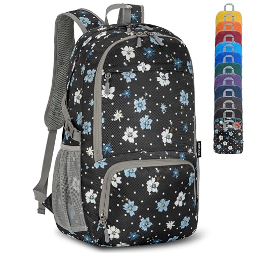 ZOMAKE Lightweight Packable Backpack 30L, Foldable Hiking Backpacks Water Resistant Compact Folding Daypack for Travel(Black,Floral pattern) - color: Black,floral Pattern