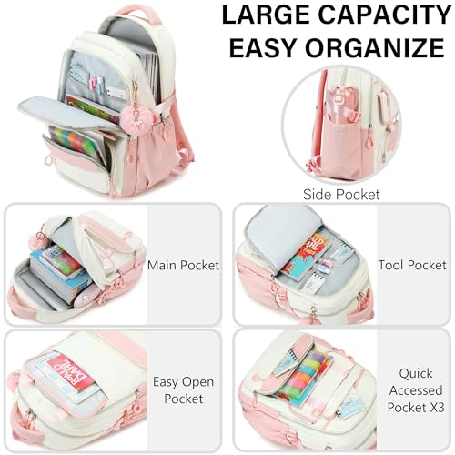 School Backpack for Girls, Laptop Backpack 15.6 Inch Kids Elementary Middle High School Bag Anti Theft Cute College Bookbags for Teens Girls Women Students Casual Travel Daypack,Pink Beige - color: Pink Beige