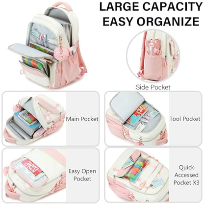 School Backpack for Girls, Laptop Backpack 15.6 Inch Kids Elementary Middle High School Bag Anti Theft Cute College Bookbags for Teens Girls Women Students Casual Travel Daypack,Pink Beige - color: Pink Beige