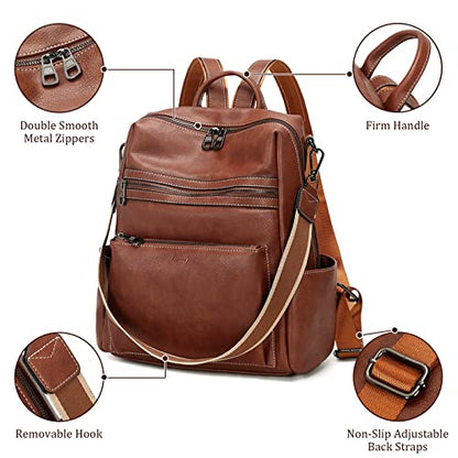 AGLOD Leather Backpack Purse for Women Designer Ladies Shoulder Bag Fashion Faux Work Travel Handbags - color: Dark Brown