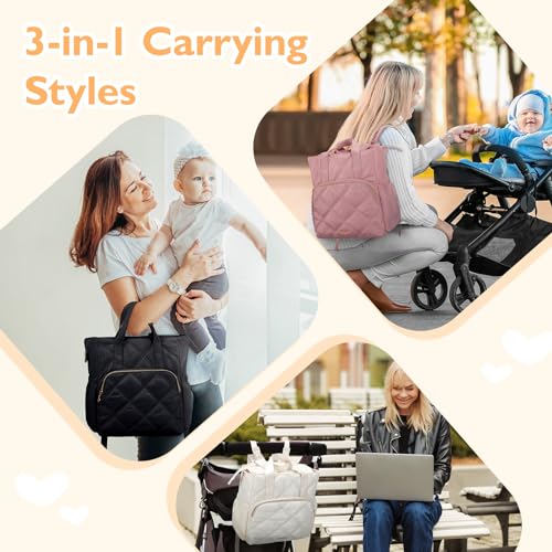 mommore Quilted Diaper Bag Backpack, Small Baby Bags, Lightweight Mini Diaper Backpack for Travel, with Insulated Pockets, Changing Pad (Pink) - color: Top Handle-pink