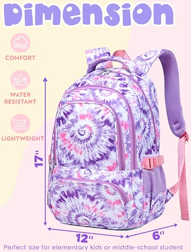 BLUEFAIRY Kids Backpack for Girls 17In Elementary Middle School Bookbag for Aged 6-8 8-10 10-12 Teens Childs Back to School Bag with Laptop Compartment Mochilas Escolares para Niñas de Tie-dye Purple - color: Light Orchid Purple