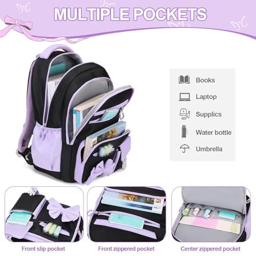 DIGOBAY Backpack for Girls, 3PCS Girls Backpack for School with Lunch Bag Pencil Case, Cute Kids Teens Bookbag for Kindergarten Elementary Preschool Middle School (Black-Purple) - color: Black-purple