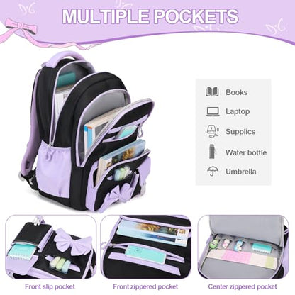 DIGOBAY Backpack for Girls, 3PCS Girls Backpack for School with Lunch Bag Pencil Case, Cute Kids Teens Bookbag for Kindergarten Elementary Preschool Middle School (Black-Purple) - color: Black-purple