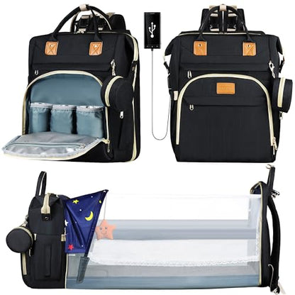 ZRSUN Diaper Bag Backpack, Multifunctional Baby Travel Bag with Foldable Changing Station, Portable Changing Pad, USB Charging Port, Black - color: Black