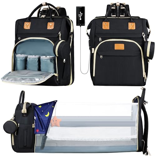 ZRSUN Diaper Bag Backpack, Multifunctional Baby Travel Bag with Foldable Changing Station, Portable Changing Pad, USB Charging Port, Black - color: Black