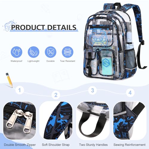 DIGOBAY 3PCS Cool Luminous Clear Backpack for Boys Kids, Gamer Clear Bookbag for School, See Through PVC Transparent Backpacks with Lunch Bag Pencil Case, Backpack Heavy Duty for School Stadium - color: Blue Camo