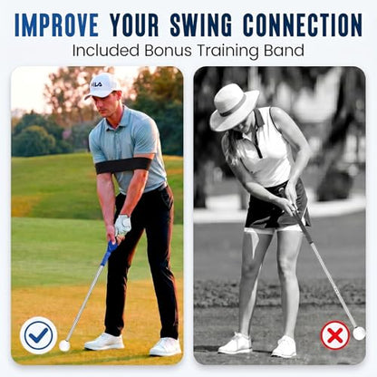 5-in-1 Golf Swing Trainer for Right-Handed Golfers with Click Feedback, Retractable Training Aid, Grip Trainer & Arm Band, Improve Tempo & Swing Path, Indoor Outdoor Practice - color: Blue
