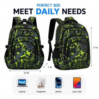 MYGOO Boys School Backpack Archibald Camo Green Bookbag for Elementary Middle School Ages 5-12, 17 inch Large Capacity 24L Kids Student Travel Bags - color: Archibald Camo Green