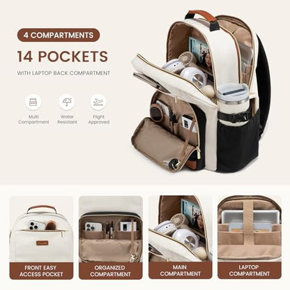 LOVEVOOK Laptop Backpack for Women with Pouch Pocket for Large Capacity Cup,15.6 Inch Laptop Computer Bag Travel Backpack Purse,Waterproof Work Business Backpack College Teacher Bag,Beige-Brown-Bbrown - color: Beige - Yellowish-brown - Chestnut Brown, siz