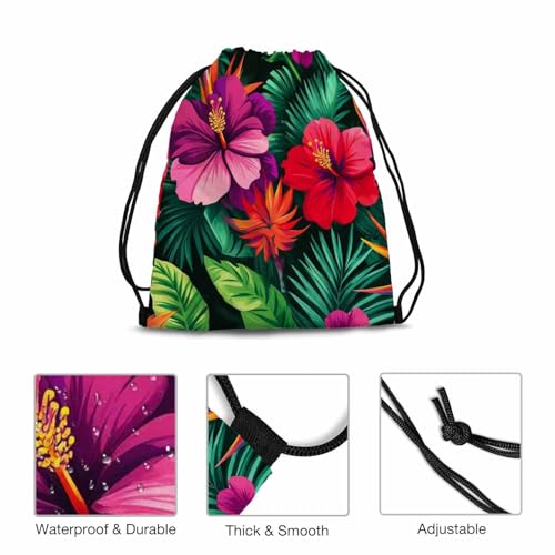 Drawstring Bags Tropical Flowers Pattern Gorgeus Botanical Elements Hibiscus Palm Paradise Bird Sport Gym Sack Drawstring Bag String Bag Yoga Bag 14x16.9 Inch - color: Tropical Flowers