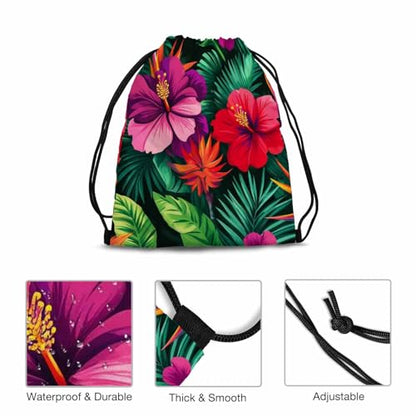 Drawstring Bags Tropical Flowers Pattern Gorgeus Botanical Elements Hibiscus Palm Paradise Bird Sport Gym Sack Drawstring Bag String Bag Yoga Bag 14x16.9 Inch - color: Tropical Flowers