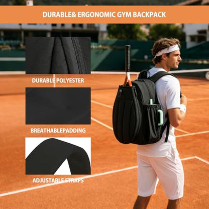 BeGyoku Tennis Backpack,Tennis Bag with Shoe Compartment&Waterproof Pocket&Fence Hook,Tennis Racket Bag Holds 2 Rackets,Large Tennis Bags for Women Men,Gym Sports Bag for Teennis Pickleball Badminton - color: Black