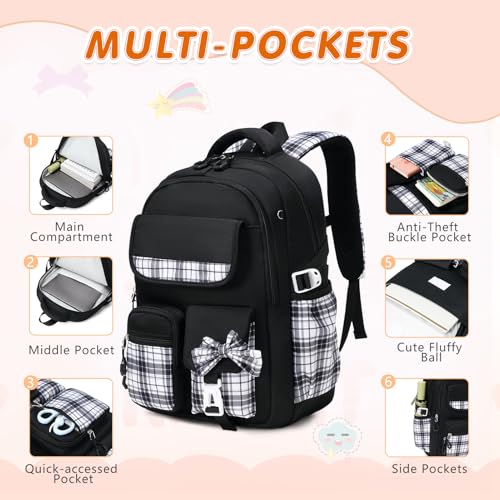 GeeWin School Backpack for Girls, Bookbags School Bag for Teen Girl Elementary Middle School Student, Cute Stylish Plaid Girls Backpack with Matching Insulated Lunch Bag & Pencil Bag(Black) - color: Black