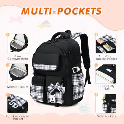 GeeWin School Backpack for Girls, Bookbags School Bag for Teen Girl Elementary Middle School Student, Cute Stylish Plaid Girls Backpack with Matching Insulated Lunch Bag & Pencil Bag(Black) - color: Black