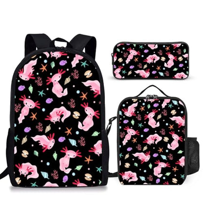 3PCS Axolotl Backpack for Boys Girls Teens, School Backpack with Lunch Box Pencil Case for Elementary Middle High Students, 17 Inch Lightweight Bookpack 3 in 1 Set Back to Shool Supplies for Kids - color: Axolotl