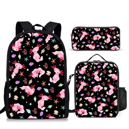 3PCS Axolotl Backpack for Boys Girls Teens, School Backpack with Lunch Box Pencil Case for Elementary Middle High Students, 17 Inch Lightweight Bookpack 3 in 1 Set Back to Shool Supplies for Kids - color: Axolotl