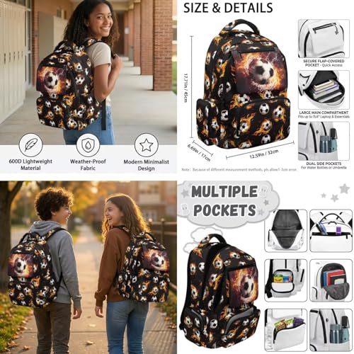 Talayituse Soccer Fire Water Print 6PCS Backpack for Boys, Lightweight School Bookbag with Lunch Box Pencil Case Water Bottle Sleeve, Students Bagpack for Elementary Middle High School - color: Soccer Fire Water