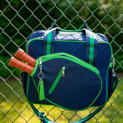 Cute Prepster Pickleball Bag for Women with Fence Hook, Tote with Pockets for Water Bottle, Paddles, Balls, Accessories - color: Navy/Green