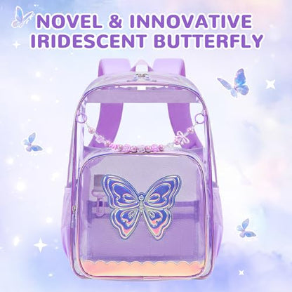MUSEVOS Clear Backpack for School, Clear Bookbag for Girls PVC Heavy Duty Transparent Backpack, Purple Butterfly - color: Purple