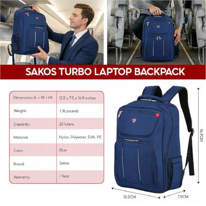SAKOS Turbo 15.6 inch Laptop Backpack, Professional Travel Backpack Carry on Flight - TSA Approved, Water Resistant Luggage Backpack for Men & Women, College Backpack with Laptop Compartment - Blue - color: 5. Turbo - Blue