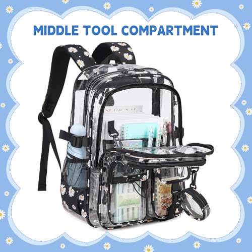 Clear Backpacks for Stadium Events Heavy Duty Clear Bookbag for School Girls Transparent Back Pack, Black - color: Black Daisy
