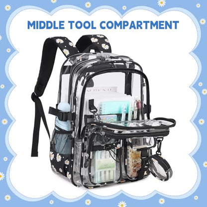 Clear Backpacks for Stadium Events Heavy Duty Clear Bookbag for School Girls Transparent Back Pack, Black - color: Black Daisy