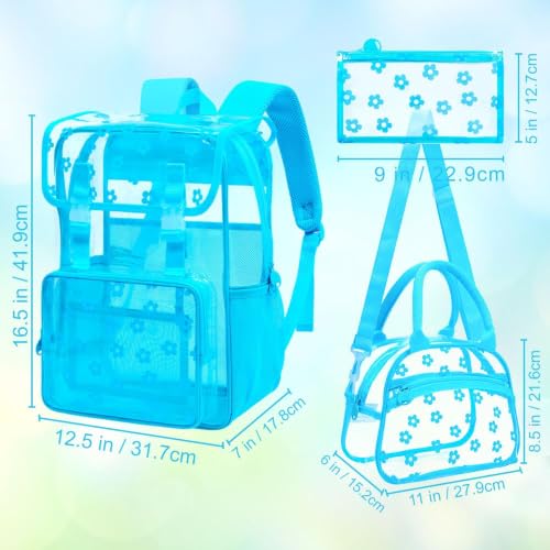 17" Clear Backpack for Girls, School Kids Transparent Bookbag Set, 3Pcs Stadium Approved See Through Backpack with Lunch Box (Blue) - color: Plum Blossom Blue