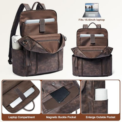 Shrrie Laptop Backpack for Women 15.6 inch,Travel Leather Backpack Purse Nurse Teacher Carry on Backpack Computer Bag,Professional Water-Resistant College Business Work Casual Daypack,Nubuck Coffee - color: Nubuck Coffee
