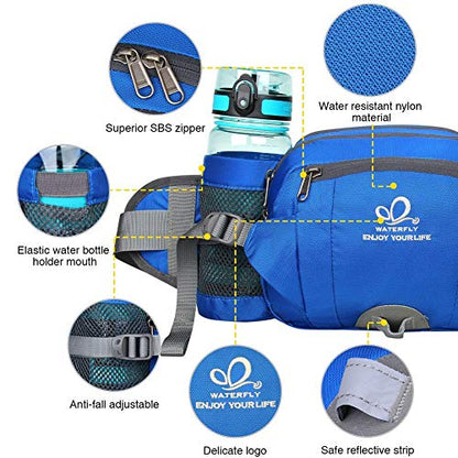 WATERFLY Fanny Pack Waist Bag: Fannie Pack 2 Water Bottle Holders Lumbar Belt Hiking Walking Running Jogging Camping Large Woman Man (Bottle Not Included) - color: Blue
