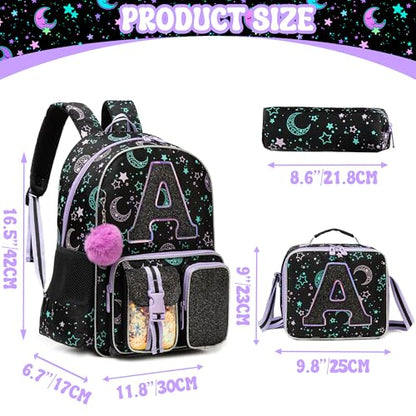 HTgroce Backpacks for Girls School Bag Kids Black Bookbag for Elementary Students Kids Backpack with Lunch Box and Pencil Case - color: Black, style: A