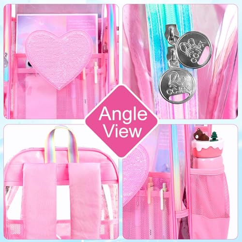 gxtvo 3PCS Clear Backpack Heavy-Duty Set for Women & Teen Girls, 17" Transparent Bookbag with Rainbow Strap, Rose Pink Sequins See Through School Bag - color: Rose Pink Sequins Clear Backpack Set