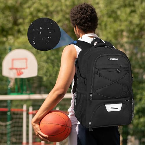 LARIPOP Basketball Backpack Large Basketball Bag with Ball Holder & Shoe Compartment for Adults Men Women - color: Black