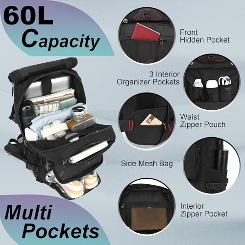 60L Large Travel Backpack with Shoe Compartment, Convertible Utility Backpack for Men, Extra Large Multi-Pocket Backpack with Laptop Sleeve for Gym, Road Trip, Business & Overnight Travel