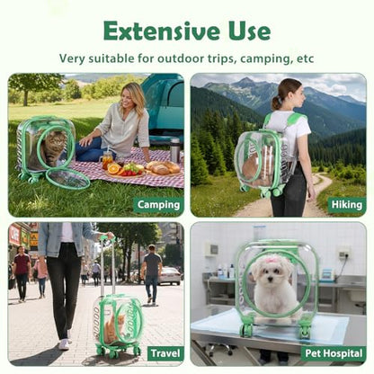 Cat Carrier Backpack with Silent Wheels, Clear Cat Stroller with Ventilation Holes, Telescopic Handle, Convenient Portable Cats Dogs Backpack for Travel (Green-B) - color: Green-B