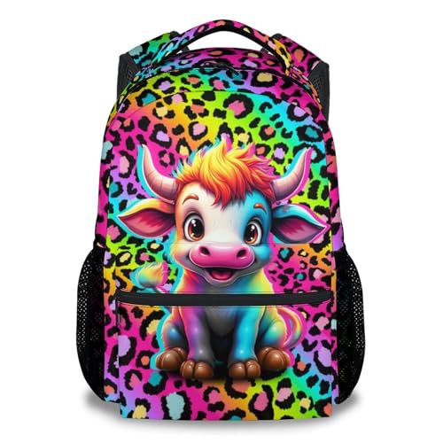 Backpack for Girls - 17 Inch Cute Cow Backpack for Kids Children - Rainbow Cow Print Lightweight Durable Bookbag for High School - color: Color5-1