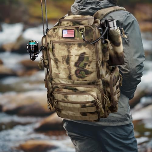 Fishing Backpack, Fishing Tackle Backpack with Rod Holders for 4 Boxes (Box Not Included) 45L Waterproof Fishing Gear, Ideal for Men and Women Large Tackle Box Bag (Sahara Khaki Camo) - color: Sahara Khaki Camo