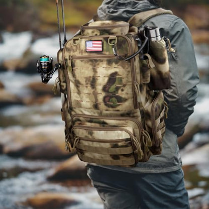 Fishing Backpack, Fishing Tackle Backpack with Rod Holders for 4 Boxes (Box Not Included) 45L Waterproof Fishing Gear, Ideal for Men and Women Large Tackle Box Bag (Sahara Khaki Camo) - color: Sahara Khaki Camo