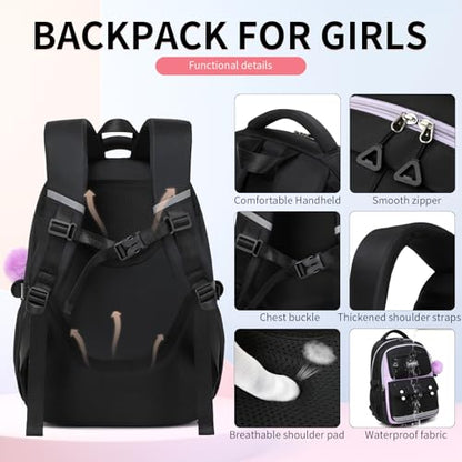 CYOQX 3PCS School Backpack for Girls with Lunch Box Teen Girl Backpack Set Elementary Middle High School Bag Large Cute Bookbags Kids Book Bag - color: Black Purple 3pcs