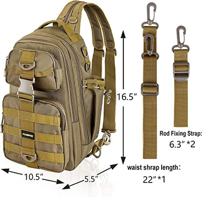 PLUSINNO Fishing Backpack Tackle Bag, Water-Resistant Backpack with Rod Holder, Ideal Gifts for Men - color: Khaki Single Backpack