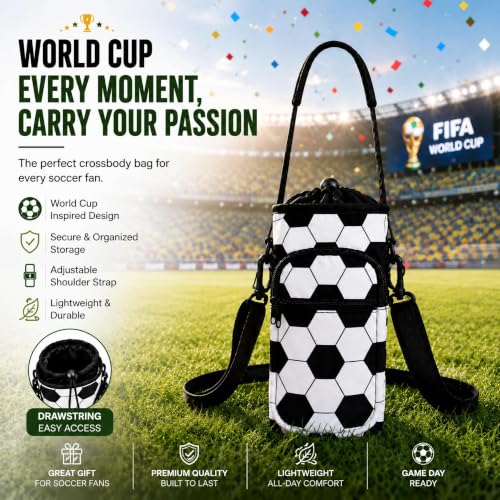 Water Bottle Holder with Strap, Water Bottle Carrier Bag with Phone Pocket, Shoulder Hand Strap Insulated Neoprene 32/40 oz Water Bottle Sleeve for Walking Hiking Camping Gym - color: 8 Soccer, size: under 32oz