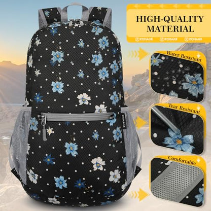 ZOMAKE Ultra Lightweight Hiking Backpack 20L, Packable Small Backpacks Water Resistant Daypack for Women Men(Black,White Polka Dot Floral) - color: Black,white Polka Dot Floral