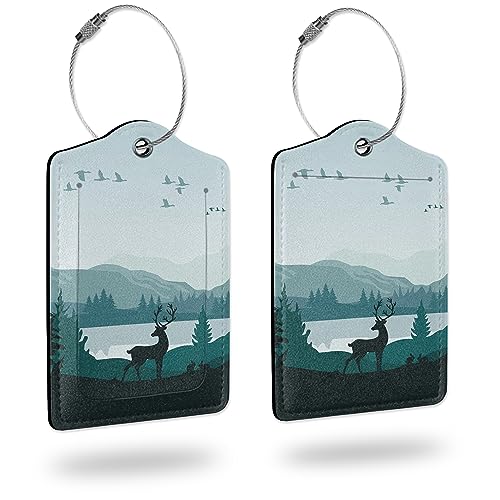 Luggage Tags for Suitcase,2 Pack Misty Forest Deer Leather Travel Cruise Luggage Tag with Privacy Flap,Name ID Label and Metal Loop for Women Girls Suitcase Backpack - color: Misty Forest Deer