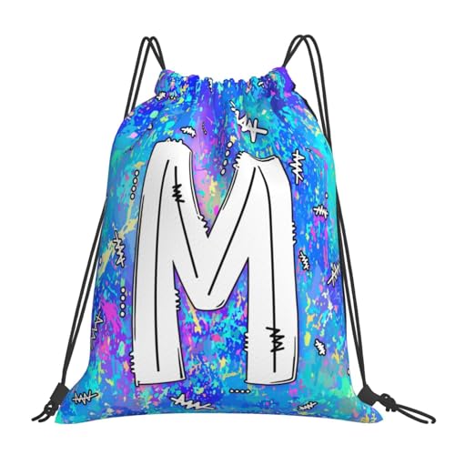 Drawstring Backpack Bag Sport Gym Sackpack Initial Blue Draw String Cinch Bags Bulk String Backpack Storage Bag for Women Men Letters M - color: Letters M