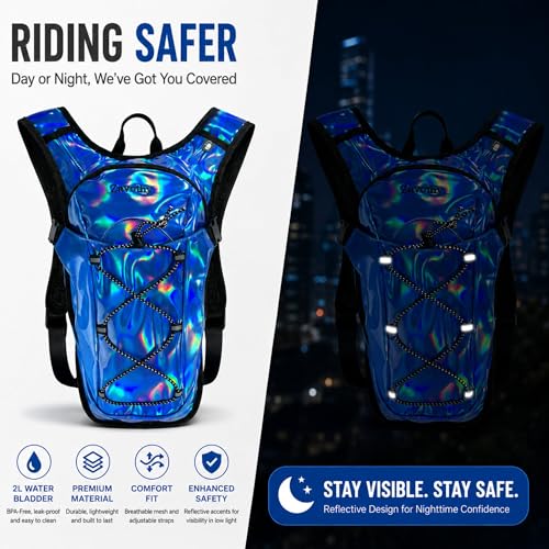 Reflective Hydration Backpack, Hydration Pack - Water Backpack with 2L Hydration Bladder, Essential for Festivals - Rave Hydration Pack for Hiking, Running, Cycling, and Festivals - color: Dark Blue